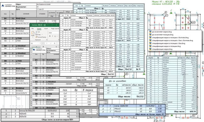 Таблици за чертежи, PDF и Excel