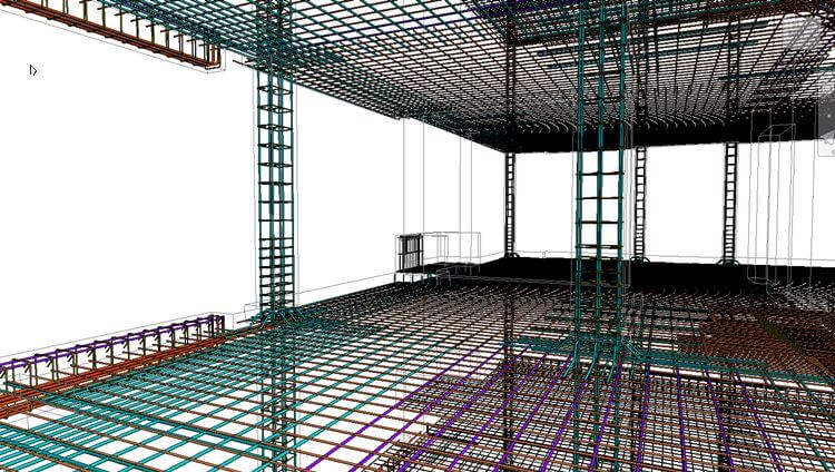 Изглед на армировка от вътрешността на сградата в модел на Revit
